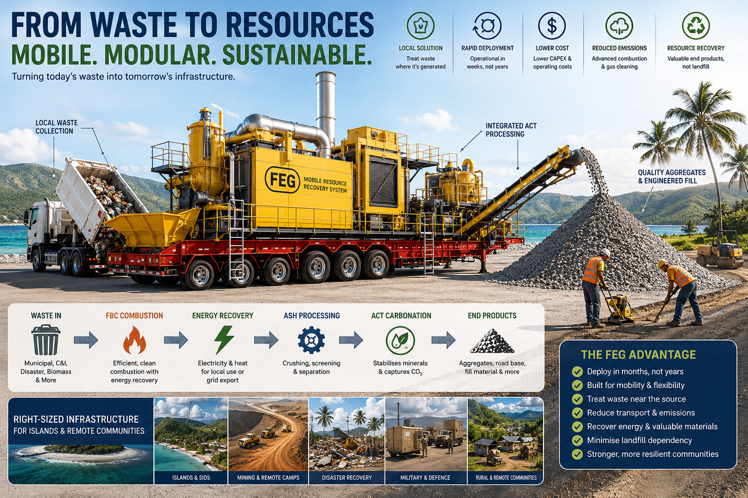 FEG mobile resource recovery system: from waste to resources — mobile, modular, sustainable. Diagram showing waste in, FBC combustion, energy recovery, ash processing, ACT carbonation, end products.